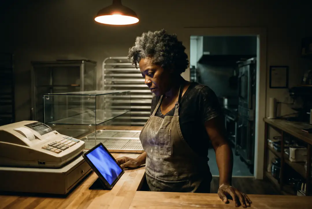 A business owner in an apron stands at a bakery counter beside an old cash register, reading a tablet.