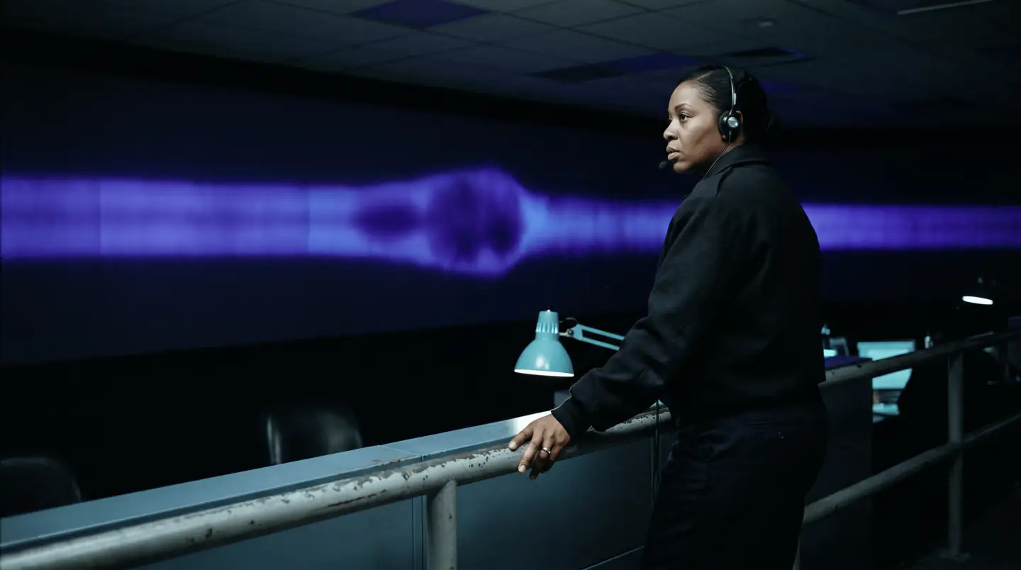 A woman with a headset stands at a railing above a dark room, watching a stream of blue light run through it.