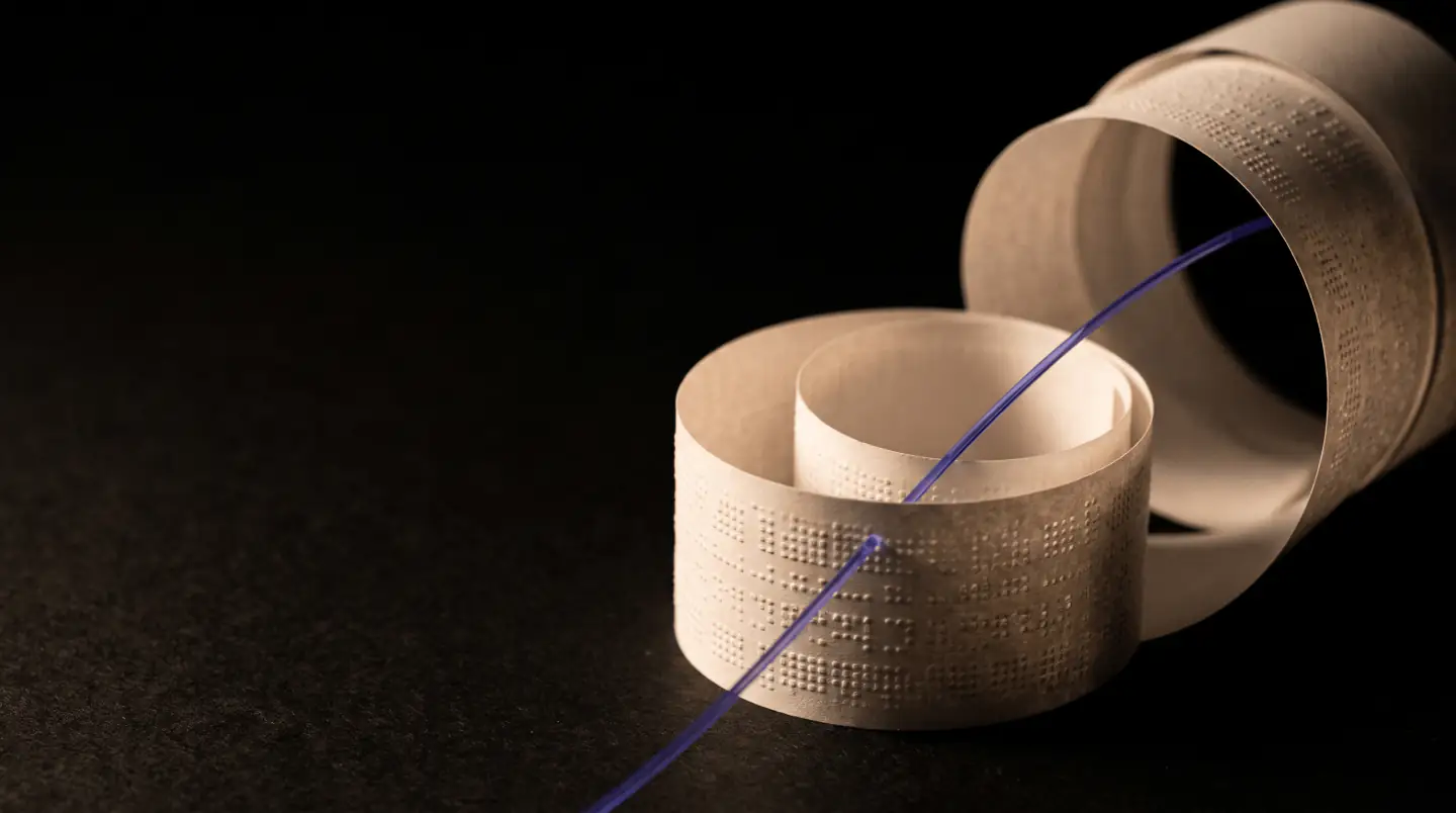 A curl of printed receipt paper with a thin line of blue light running along it.