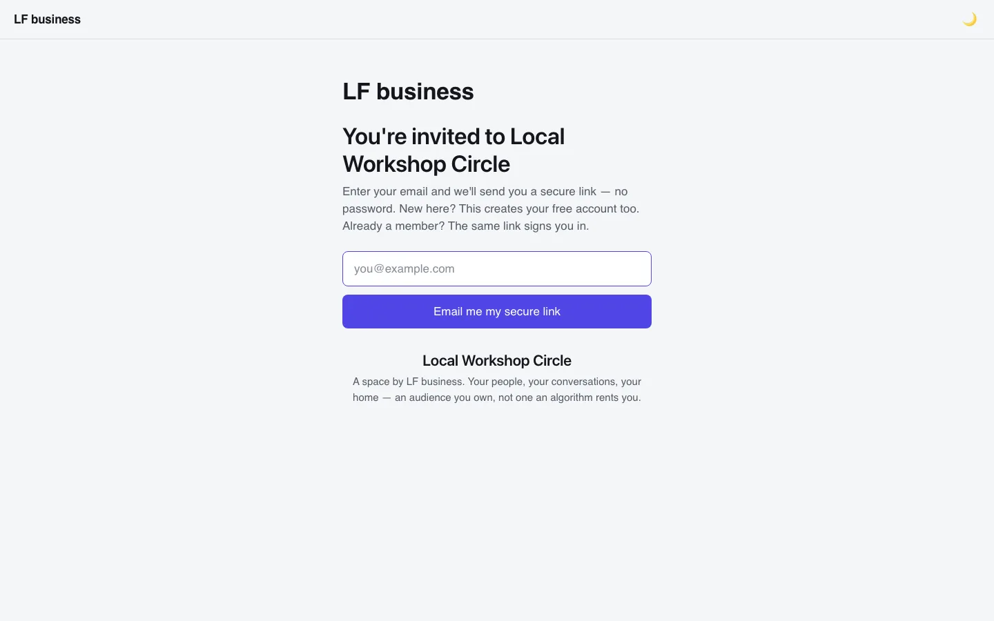 A community join page showing the business name, an invitation to Local Workshop Circle, an email field and a button that emails a secure link to join.